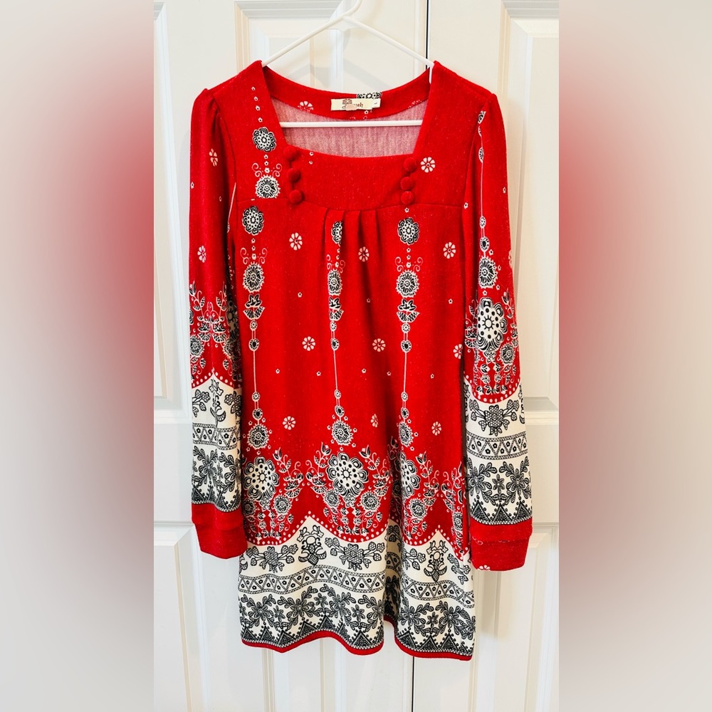 Aryeh Red with Black & White dress women’s size L.